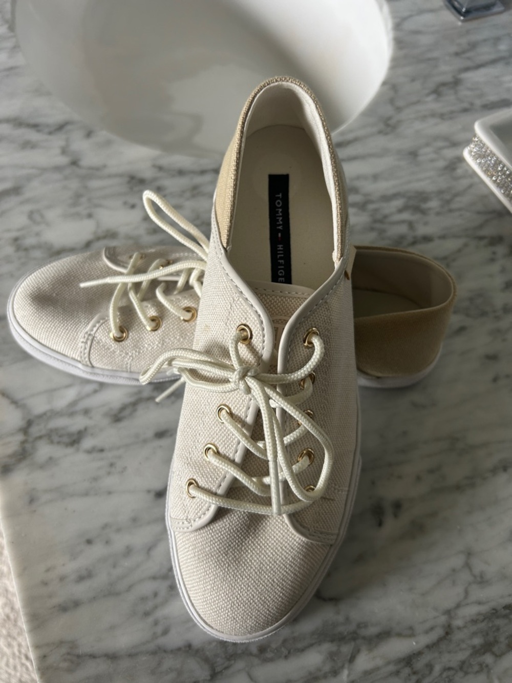 Tommy Hilfiger Women's Cream Canvas Lace-Up Sneakers with Gold Eyelets